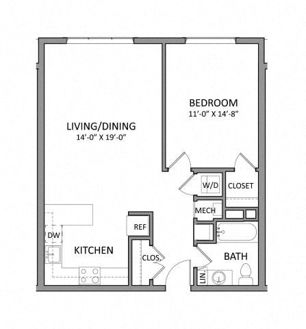 Floor plan for 1 bed, 1 bath, 735 sqft